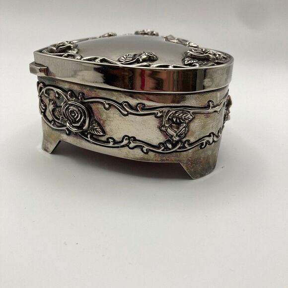 Vintage Regent Square Footed Silverplate Trinket Jewelry Box with Roses - Picture 6 of 10